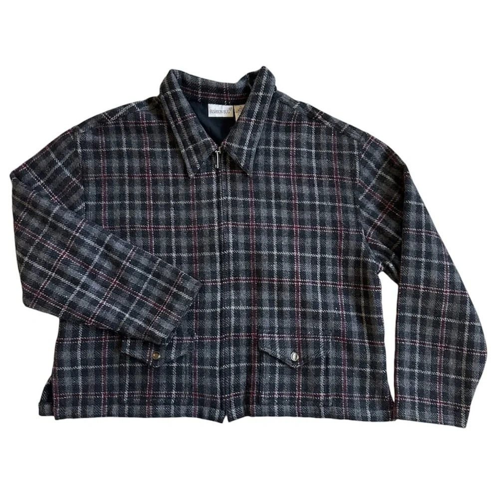 Vintage 90s Plaid Wool Blend Jacket Burgundy Gray Zip Up Size XL Boxy